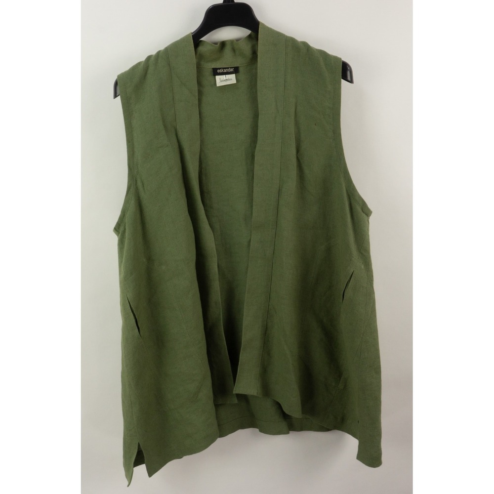Eskandar Linen Open Front Sleeveless Kimono Jacket Green Women's‎ Size 1 Pockets